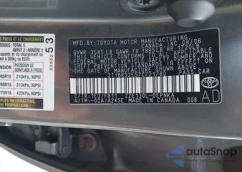 2007 Toyota Corolla Le из США, поврежденный, VIN 2T1BR32E57C721780